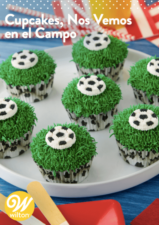 Cupcakes with grass and soccer ball decoration